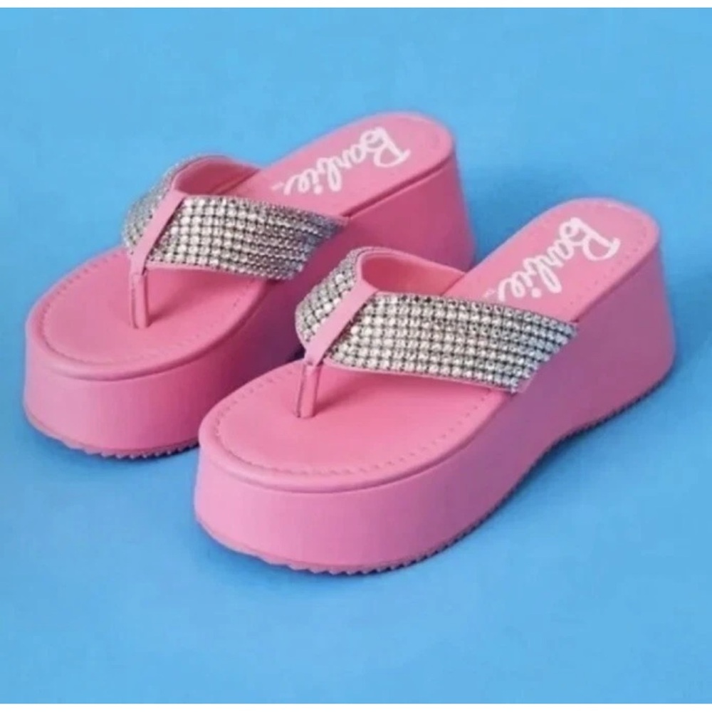 Barbie Pink Wedge Sandals with Glittering Silver Straps
